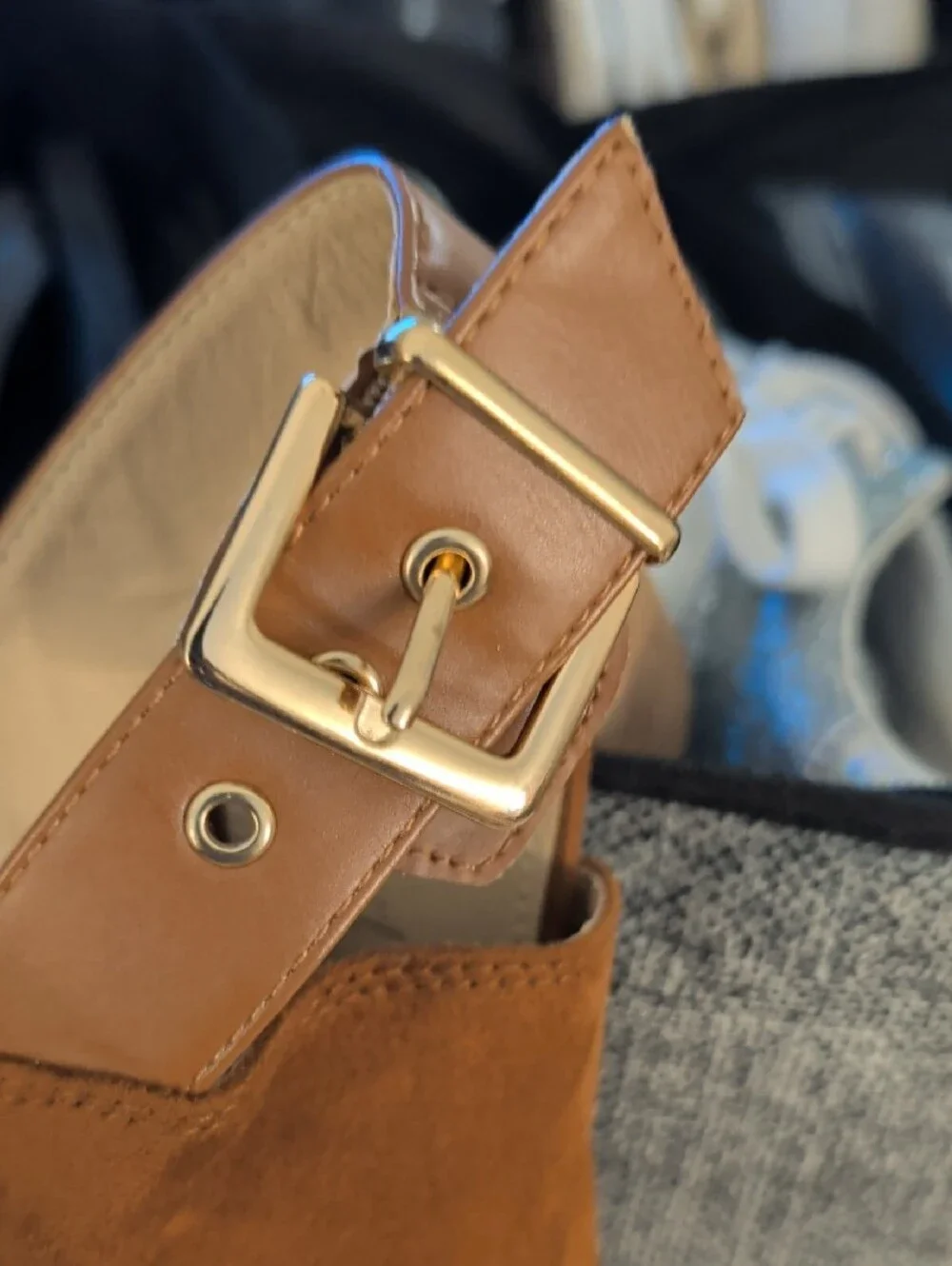 Women’s Brown Suede Open-Toe Block Heel Booties with Buckle Strap